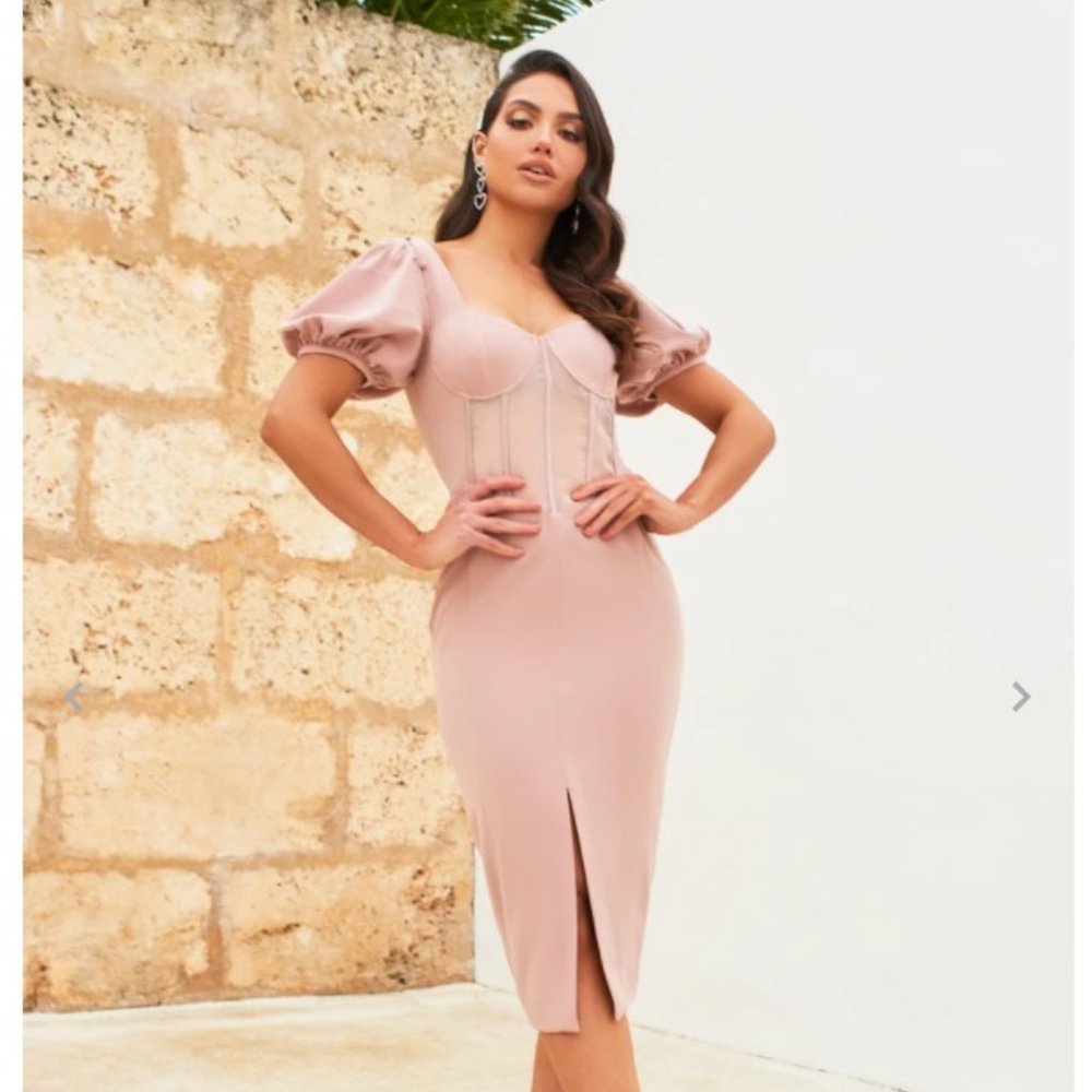 Lavish Alice Sheer Corset Puff Sleeve Midi Dress